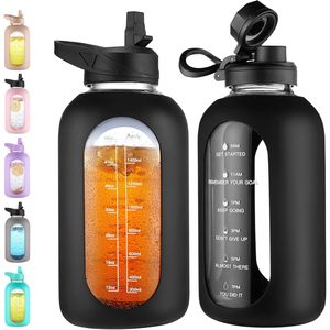 Premium 64 oz sport motivazionale vetro bottiglia di acqua brocca con manico in paglia mezzo gallone largo Marker di tempo Premium bicchieri di vetro - Product Image 1
