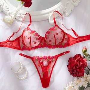 Ensemble de lingerie Yicheng en maille brodée de fleurs, soutien-gorge transparent et culotte <span class=keywords><strong>sexy</strong></span>, deux pièces - Product Image 1