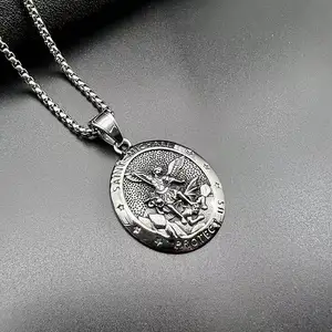 2023 fashion new stainless steel hip hop vintage saint michael angel bless you collana con ciondolo moneta personalità uomo e donna