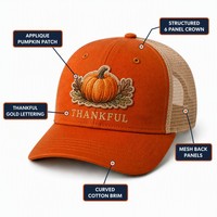 Casquette Trucker Vintage Sportive 5 Panneaux Personnalisée Thanksgiving avec Broderie Patch Citrouille Automne, Dos en Maille, 100% Coton, Motif GIVE THANKS