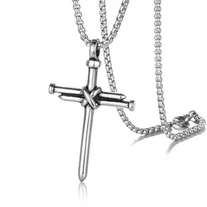 Men's Stainless Steel Nail Cross Pendant Necklace with Inch Chain Polished Black Gold Silver jewelry
