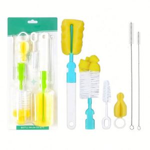 6pcs Superfit Yellow Eco-Friendly Portable Baby <b>Bottle</b> Cleaning <b>Brushes</b> 360-Degree Rotating Nipple Head Silicone Sponge Cup Milk - Product Image 1