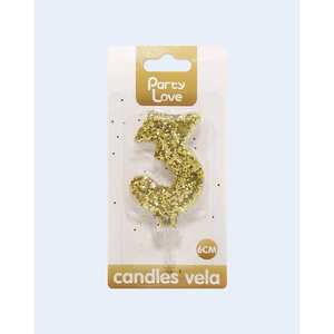Party Love <b>Candles</b> Number 3 Gold Glitter 6Cm Birthday Cake Decor - Product Image 2