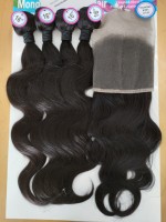 Lot de 4 mèches de cheveux synthétiques ondulés de style mongol avec perruque frontale en dentelle transparente, couleur naturelle, tissage en fibres mélangées