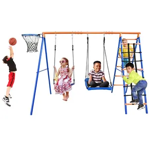 500LBS 5-in-1 Outdoor Metal Swing Set for Backyard, Platform Kids Swing Play Set Stand with Climbing Rope,Basketball Hoop
