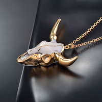 Collier pendentif tête de taureau vintage plaqué or, chaîne maillons bohèmes, breloque religieuse chrétienne, corne de buffle 45*47mm