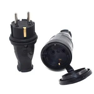 EU Rubber Waterproof Socket Plug Electrical Grounded European Connector With Cover IP44 For DIY Power Cable Cord 16A 250V