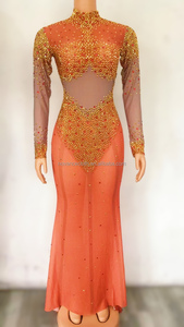 NOVANCE Ropa de Marca para Mujer, Vestido Largo Naranja Elegante con Diamantes de Imitación Dorados Blingbling, Vestido de Graduación para Fiesta de Noche, 2017 - Product Image 4