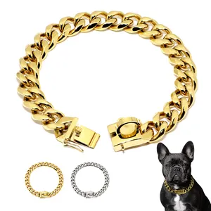 Collar de cadena de oro para perro, Hardware dorado de acero inoxidable resistente, cadena de eslabones cubanos para mascotas, plomo y Collar de Metal para perro