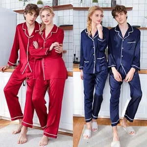 Erkek ve kadın çift pijama pijama setleri gecelik Suit uzun kollu bahar sonbahar kış aile PJS erkekler pijama saten