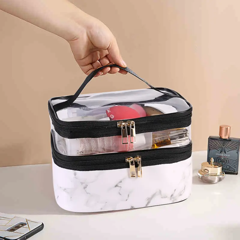 Double layer makeup bag large travel cosmetic case pvc transparent travel toiletry bag for women plastic cosmetic case