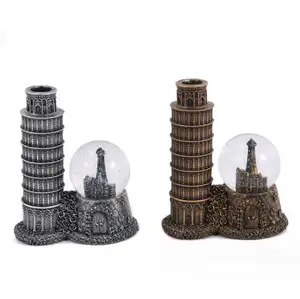 比萨斜塔模型水晶球装饰创意发光家居装饰复古树脂工艺品