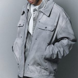 Wholesale Casual High Quality 14OZ Denim Street Style Men's Zipper <b>Jacket</b> Faded Washed Distressed Loose Fit Stain <b>Spray</b> <b>Jacket</b> - Product Image 6