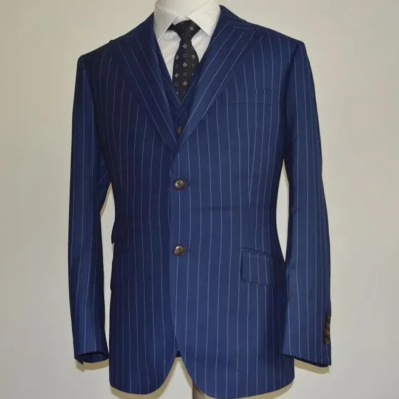 In stock wholesale new wedding 3 pieces blue stripe mens suit