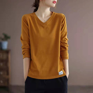 V-neck Solid Color Long Sleeve T-Shirt For Women Loose Fit <b>Base</b> <b>Layer</b> Top Plus Size Trendy Knitted Polyester Fiber - Product Image 1
