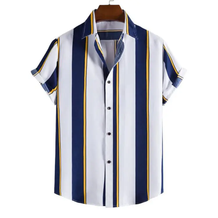 New Arrival Mens Shirts Summer Men Hawaiian Casual Striped Print Shirts Short-sleeved Turn Down Collar Blouses Tops