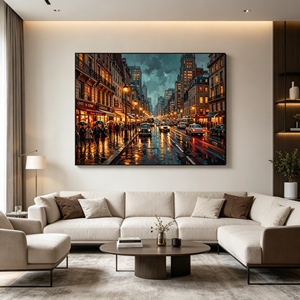 Tableau sur toile Paysage urbain Scène nocturne de rue de <span class=keywords><strong>Paris</strong></span> Peinture à l'huile vintage Style Ville pluvieuse - Product Image 1