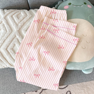Conjunto de Pijama Listrado com Laço, Respirável, de Comprimento Total, para Meninas, Manga Curta, Três Peças, Leve, Efeito Amassado, Verão - Product Image 3