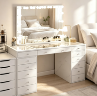Table de maquillage Voxhome avec miroir éclairé, plusieurs tiroirs, plateau en verre, table de toilette pour chambre à coucher, salon, meubles