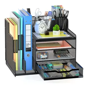 4-Tier Office Supplies Desk Organizers and Accessories with Sliding Drawers 3 Trays & Pen Holder Desk File Organizer