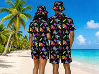 Ensemble assorti de carnaval des Caraïbes personnalisé, chemise à manches courtes imprimée vibrante, short, chapeau bob, tenue 3 pièces/ensemble FSoca Fetes