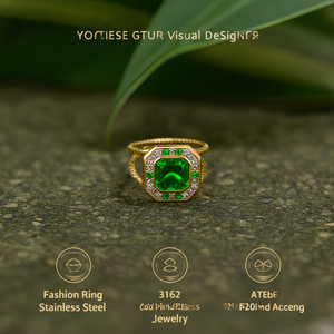 แหวนแฟชั่น สแตนเลสสตีล 316L ชุบทอง PVD ประดับเพชรและพลอยสีเขียวทรงสี่เหลี่ยม เครื่องประดับสำหรับผู้หญิง - Product Image 3