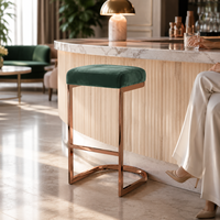Tabouret de bar en fer de style moderne, couleur or rose, avec coussin en velours vert foncé, sans dossier, pour îlot de cuisine et bar