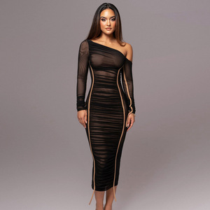 King Mcgreen Star Mesh Solid <span class=keywords><strong>Diagonal</strong></span> Collar Manga larga Drapeado Sexy See Through Bodycon Maxi Dress Ropa Festival Club Lady - Product Image 3