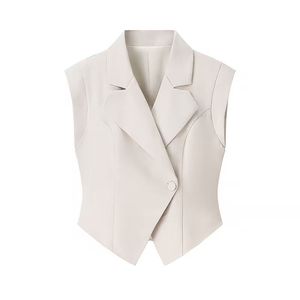 Customize <b>Beige</b> Notched Collar Single Button Vest <b>Waistcoat</b> Zipper Fly Full Length Long Pants Casual Fashion 2 Piece Knee Set - Product Image 2