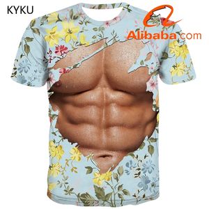 メンズマッスルTシャツメンズ腹部マッスルシャツプリントフラワーTシャツ3D原宿Tシャツプリント半袖スポーツウェア - Product Image 4