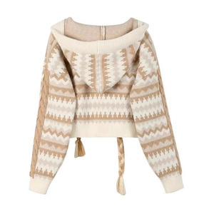 Women's Retro Knitted Long Sleeve <b>Cardigan</b> Loose Hooded Short Sweater Coat With Bear Embroidery Vintage Style - Product Image 5
