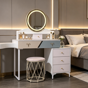 Modern <b>Makeup</b> <b>Vanity</b> With Lighted Round <b>Mirror</b> Storage Drawers Bedroom Dressing Table With Stool - Product Image 5