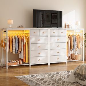 Cómoda Moderna Blanca para Dormitorio con Luces LED y Estación de Carga, 6 Cajones de Tela, Perchero de Hierro, Estilo Madera MDF para Almacenamiento en Sala de Estar - Product Image 2
