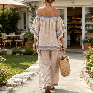 Women Bohemian Floral Printed 2 Piece Set Off Shoulder Top and Wide Leg <b>Pants</b> Casual Loose Outfit - Product Image 6