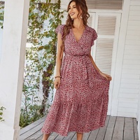 Shygimy — robe une pièce avec ceinture pour femme, tenue Vintage à manches courtes, col en V croisé, en mousseline de soie, imprimé Floral, style Boho décontracté, Maxi, été