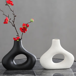 مزهرية سيراميك, مزهرية سيراميك بيضاء وسوداء عالية الجودة مجموعة مكونة من 2 لتزيين المنزل العصري مزهريات دونات مطفأة مستديرة لأعشاب بامبا - Product Image 6