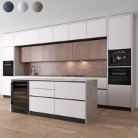Table d'îlot de cuisine en contreplaqué stratifié PA HPL avec comptoir en quartz, mise en valeur du design des armoires