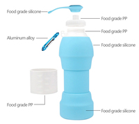 Bouteille d'eau pliable en silicone sport mignonne 580 ml, écologique, grande capacité, portable pour usage extérieur
