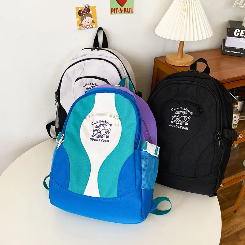 Geometrische Colorblock Geborduurde Custom Logo Rugzakken Campus Milieuvriendelijk Goedkope Tiener Meisje Bagpack Toevallige Sporttas Rugzak