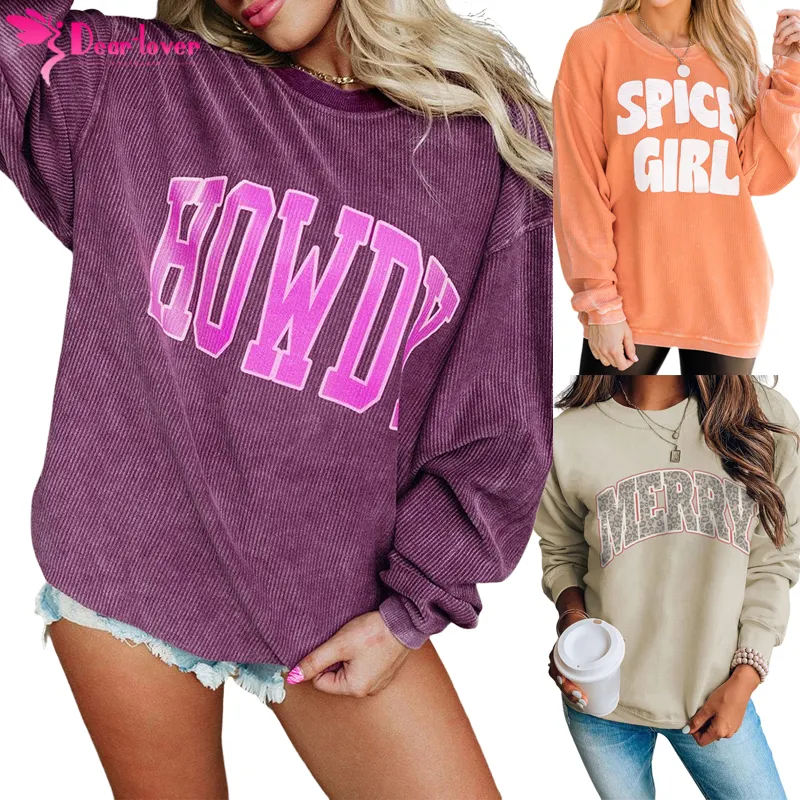 Dear-Lover Custom OEM ODM Winter Women Long Sleeve Crew Neck Oversized Pullover Letters Print Ribbed Graphic Sweatshirt