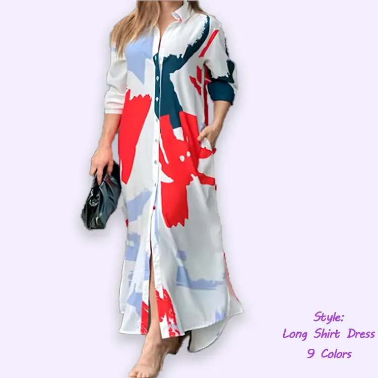 2024 Summer Loose Shirt Women's V-neck Turn-down Dress New Fashion Slit Pocket Casual Printed Shirt Dress