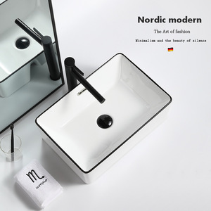 Ceramic Countertop <b>Basin</b> <b>Round</b> White With Black Rim Single Sink For Bathroom Easy Cleaning - Product Image 2