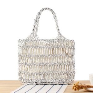 Bolso de mano de paja para mujer, diseño hueco con hilo dorado y plateado, trenzado a mano, para verano, moda, vacaciones, playa, 2024 - Product Image 2