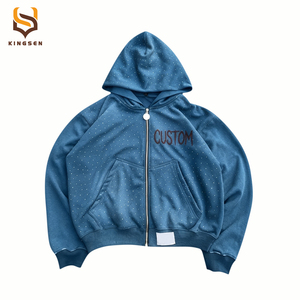 Sudadera con capucha OEM personalizada 100% algodón, corte holgado, corta, con bordado de diamantes, lavado ácido, efecto desgastado por el sol, de peso pesado, con pedrería y cremallera - Product Image 6