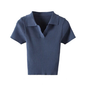 Polo de Punto para Mujer, Manga Corta, Color Rosa Sólido, Corte Ajustado, Cintura Alta, Estilo Veraniego - Product Image 4