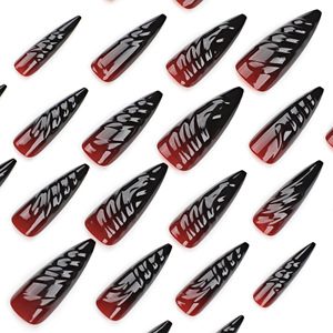 Set de <span class=keywords><strong>Manicura</strong></span> Francés de 24 Piezas para Halloween, <span class=keywords><strong>Uñas</strong></span> Postizas <span class=keywords><strong>Largas</strong></span> en Forma de Almendra, Adhesivo para <span class=keywords><strong>Uñas</strong></span>, Degradado Rojo-Negro, Acrílico Brillante, Gel Suave - Product Image 4