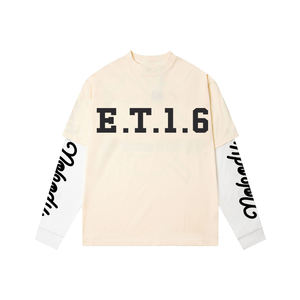 黒と白のブロックダブルスリーブワッフル長袖TシャツルーズフィットモックネックTシャツ - Product Image 2