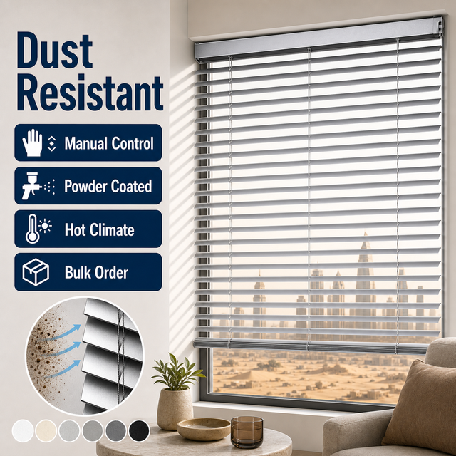 Custom Built-In Plain Powder Coated Aluminium Blinds Dust Resistant Bulk Order for Middle East Hot Climate with Manual Control