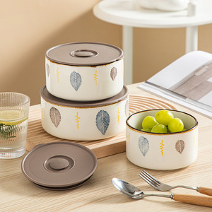 Set di Tre Ciotole <span class=keywords><strong>in</strong></span> Ceramica Design Bohémien Ecologiche per Conservazione Alimenti Adatte al <span class=keywords><strong>Microonde</strong></span> e al Frigorifero con Coperchio Ermetico - Product Image 1