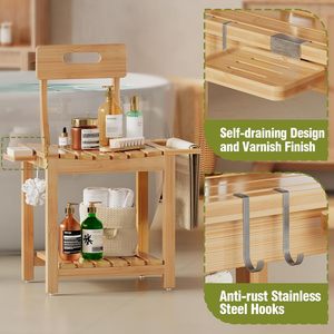Bamboo <b>Bathroom</b> <b>Stool</b> With Backrest Double Layer Storage Rack Minimalist Design Shower Chair For Bath And Shower Use - Product Image 4